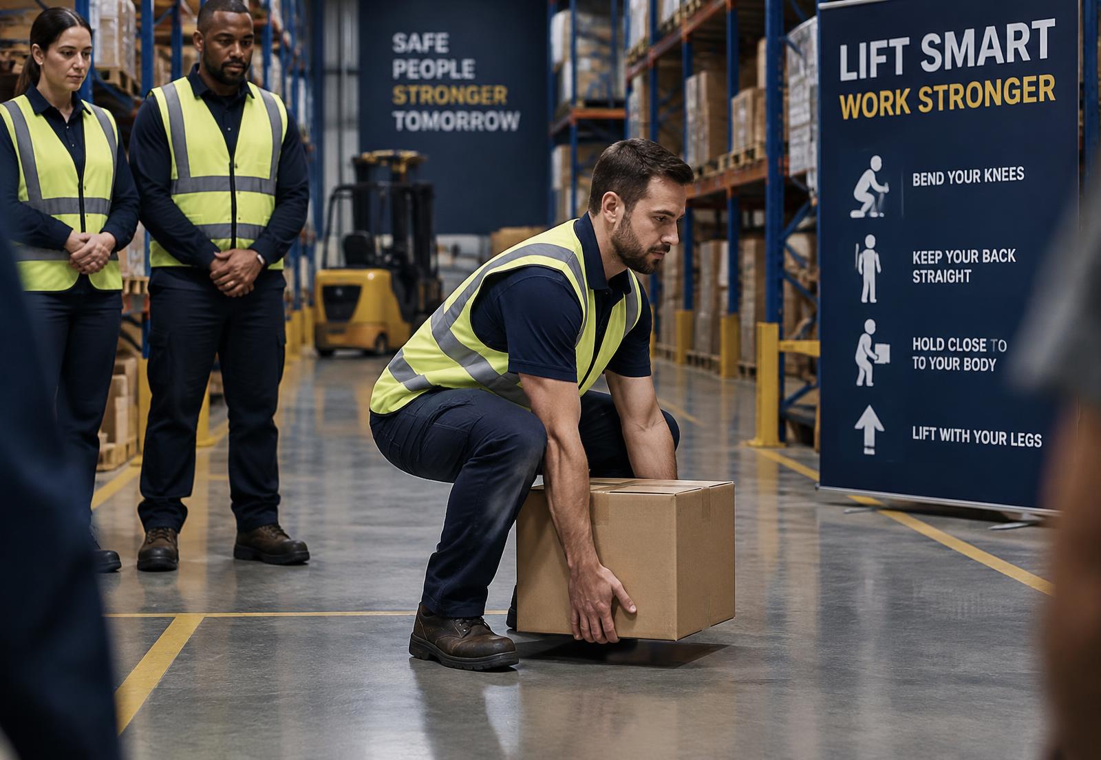 Warehouse worker demonstrating a correct squat lifting technique with a box